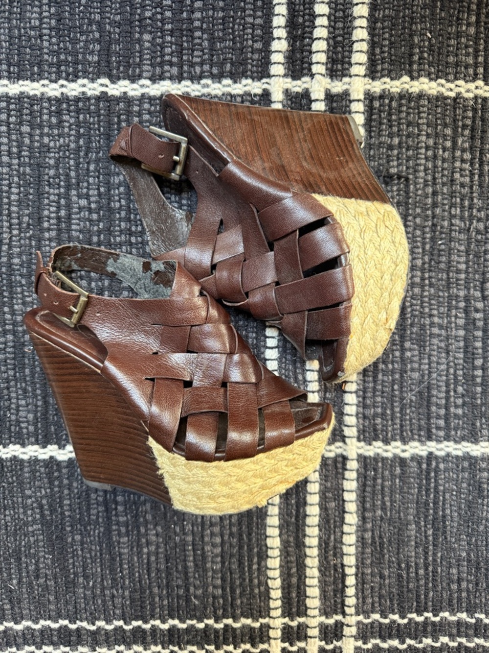Jessica Simpson Brown Woven Leather Wedge Sandals with Espadrille Platform